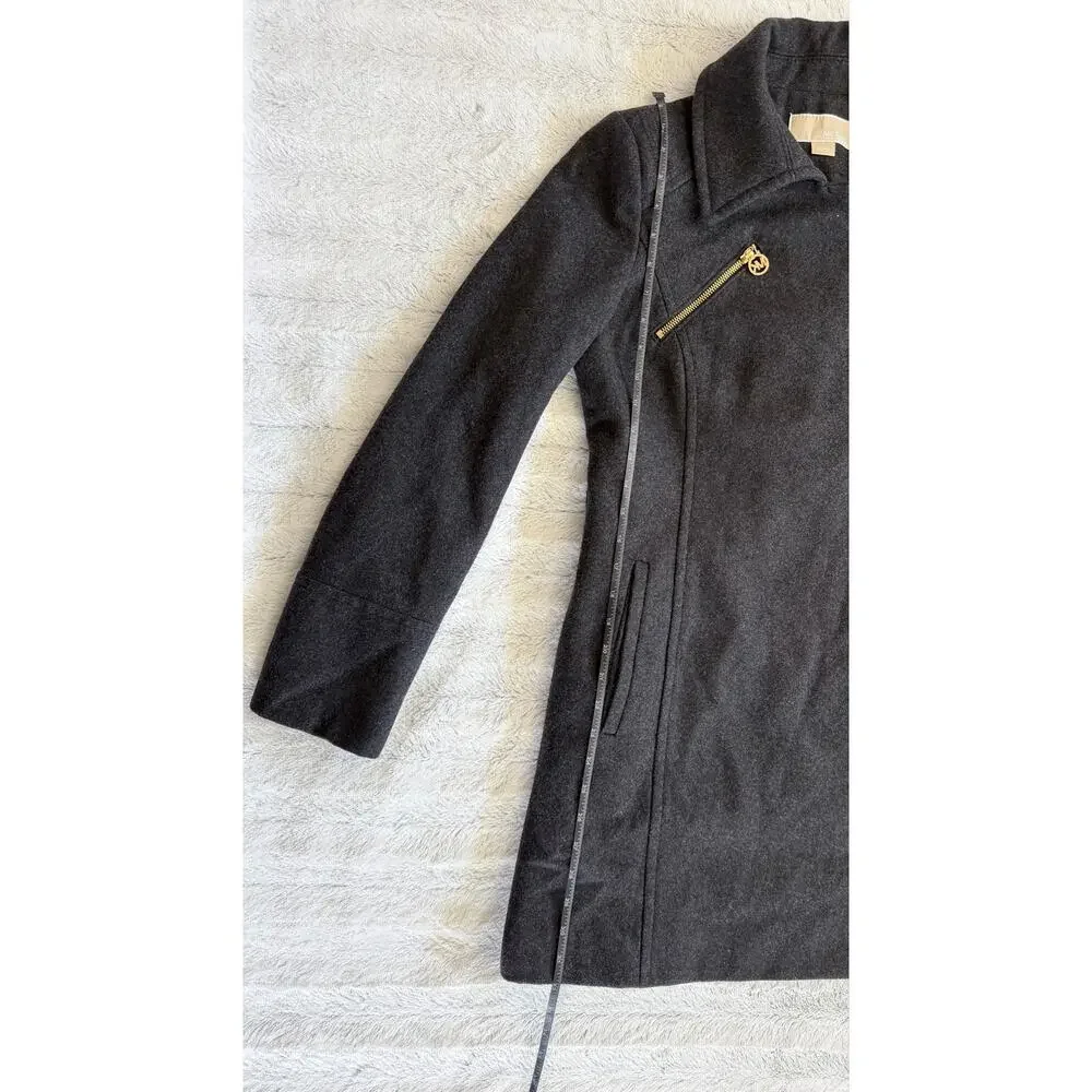 Michael Kors Wool Blend Asymmetrical Coat Size 6 Charcoal Gray Gold Zip